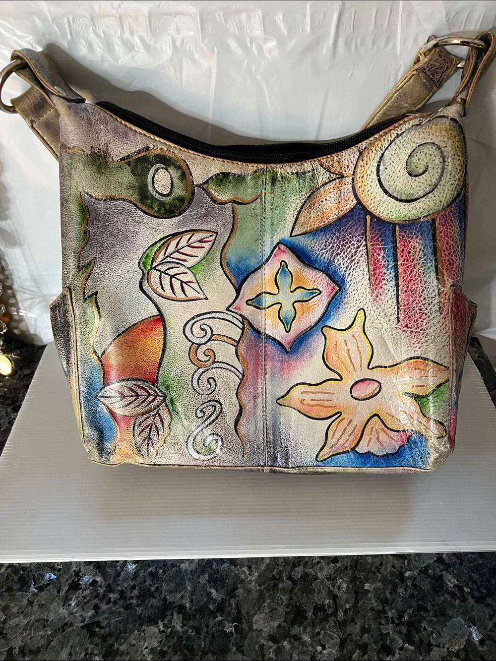 Anuschka Hand Painted Leather Zip Large Shoulder Bag Made in India